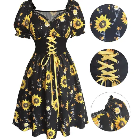Sunflower Print Dress, Vintage Boho Bohemian Bubble Sleeve Waist Cinched Summer Floral Dress, Elegant Vacation Casual Womenswear Elegance, Boho Fashion Casual, Bohemian Aesthetic, Casual Boho Style