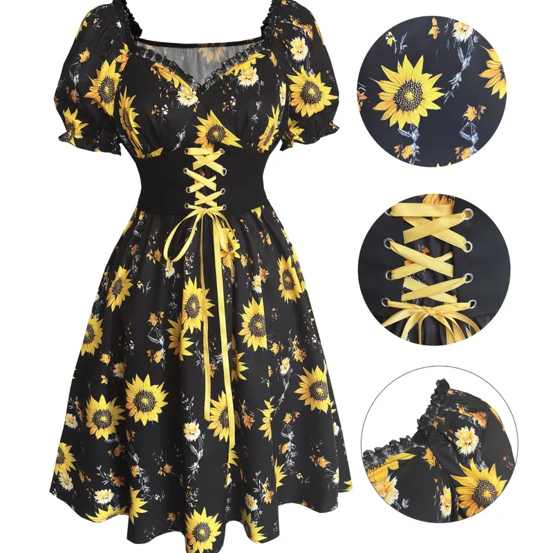 Sunflower Print Dress, Vintage Boho Bohemian Bubble Sleeve Waist Cinched Summer Floral Dress, Elegant Vacation Casual Womenswear Elegance, Boho Fashion Casual, Bohemian Aesthetic, Casual Boho Style