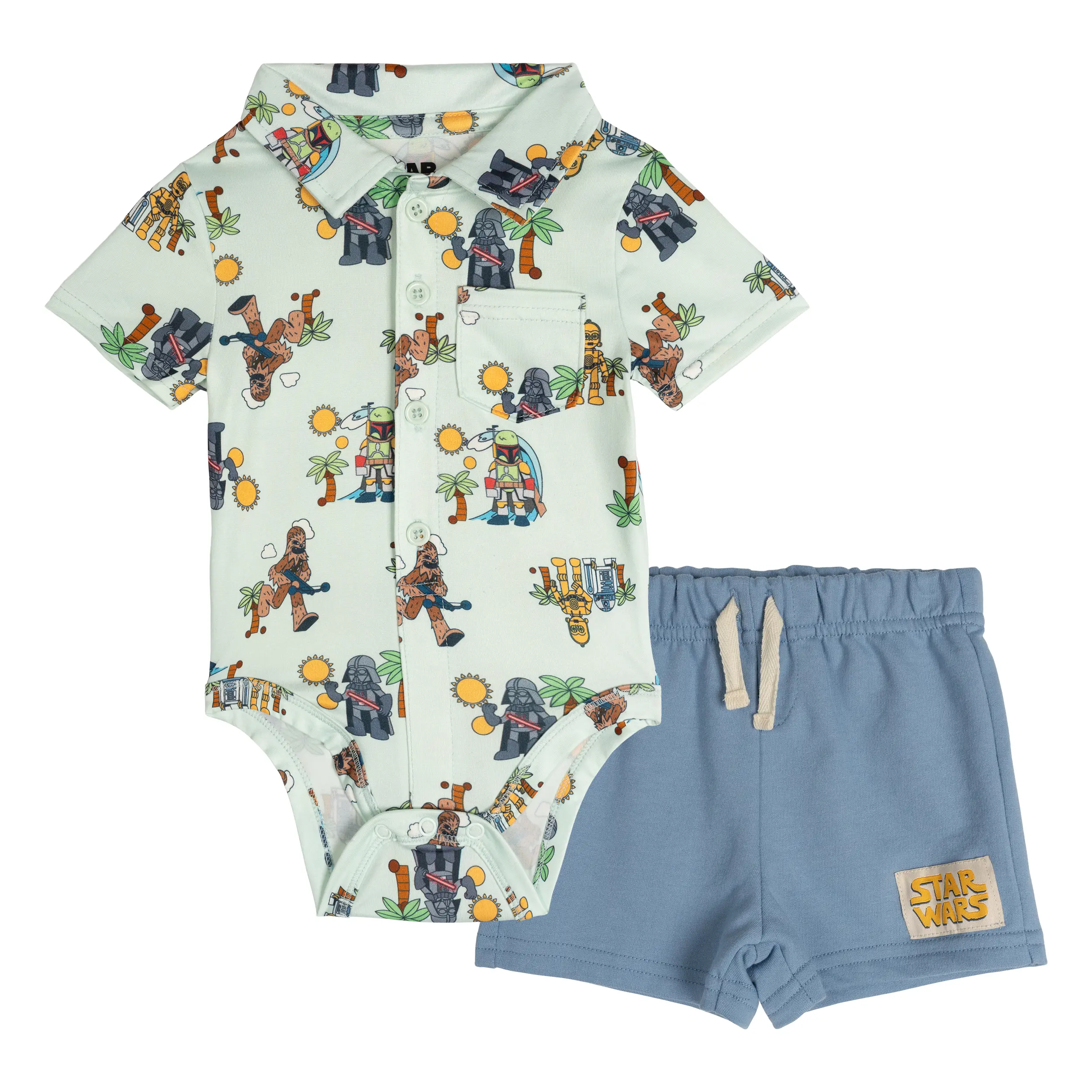 Star Wars Baby Boys' Summer Allover Print Snap Closure Bodysuit and French Terry Bottoms Outfit Mint Blue Vader Chewie Newborn to Infant