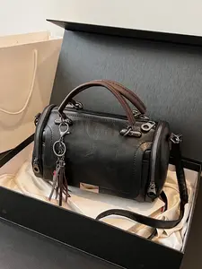 Exquisite retro atmosphere cylindrical High Quality Bag, fashionable solid color popular single shoulder crossbody bag with pendant decoration, multiple zipper design, suitable for commuting, dating, and gatherings