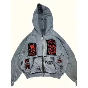 Y2K men's devil print patch thick loose hooded sweatshirt
