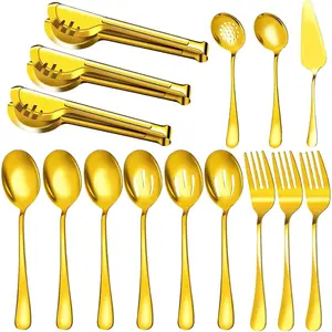 Serving Utensils, 15 count Stainless Steel Large Flatware Serving Tools Kit, Included Spoons, Forks, Tongs, Slotted Spoon, Ladle, Cake Server for Kitchen Catering Banquet Wedding Buffet Party,