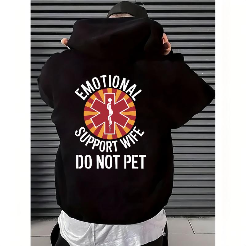 Black Hoodie with Red and Yellow Star Design and White "Emotional Support Wife Do Not Pet" Print on Back
