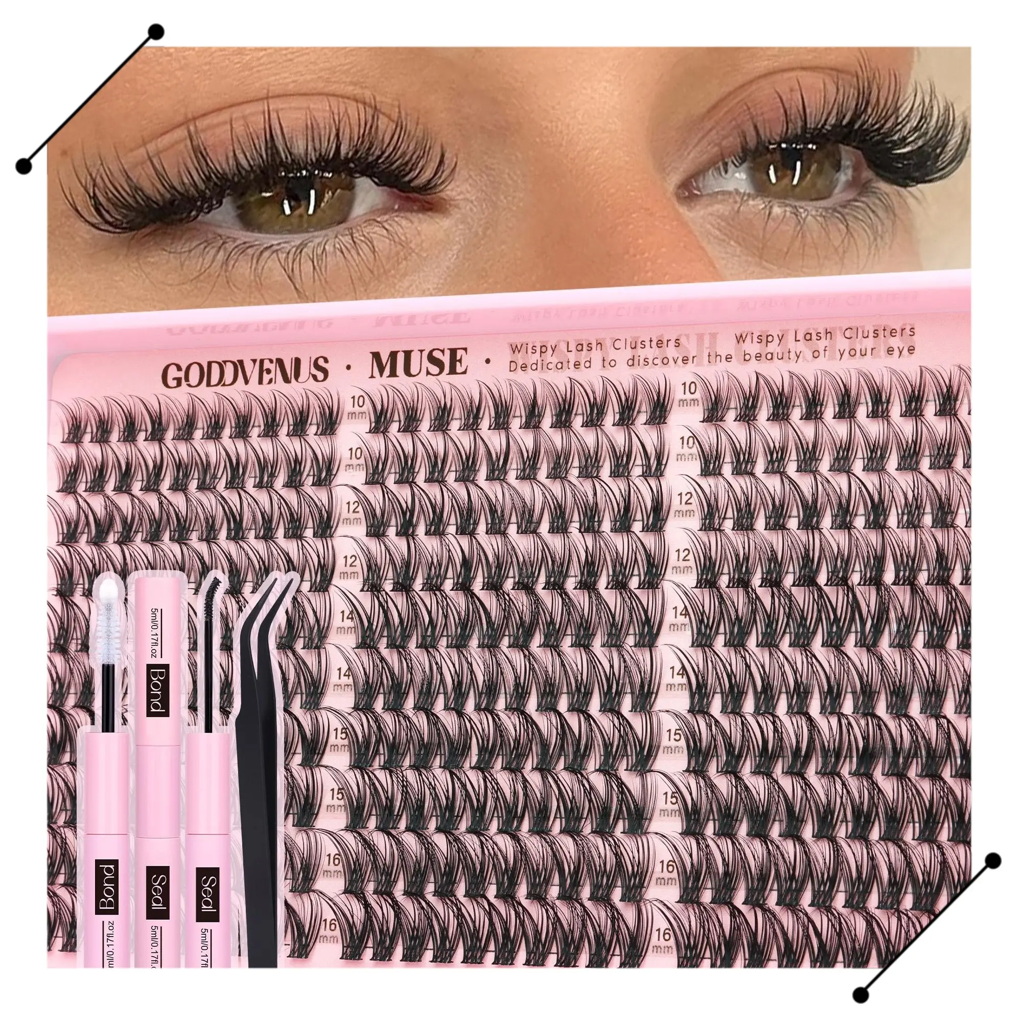Goddvenus Muse Lash Clusters Kit Wispy Natural DIY Extension Daily Flawless Look 10-16mm for Clean Makeup Lightweight Eyelash Eyelashes Beginner Friendly