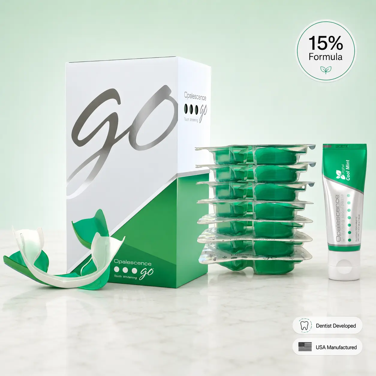 Opalescence Go 15% Hydrogen Peroxide Teeth Whitening Bundle - (7 Treatments) Prefilled Whitening Trays & Travel Original Whitening Toothpaste 1 Oz - Mint