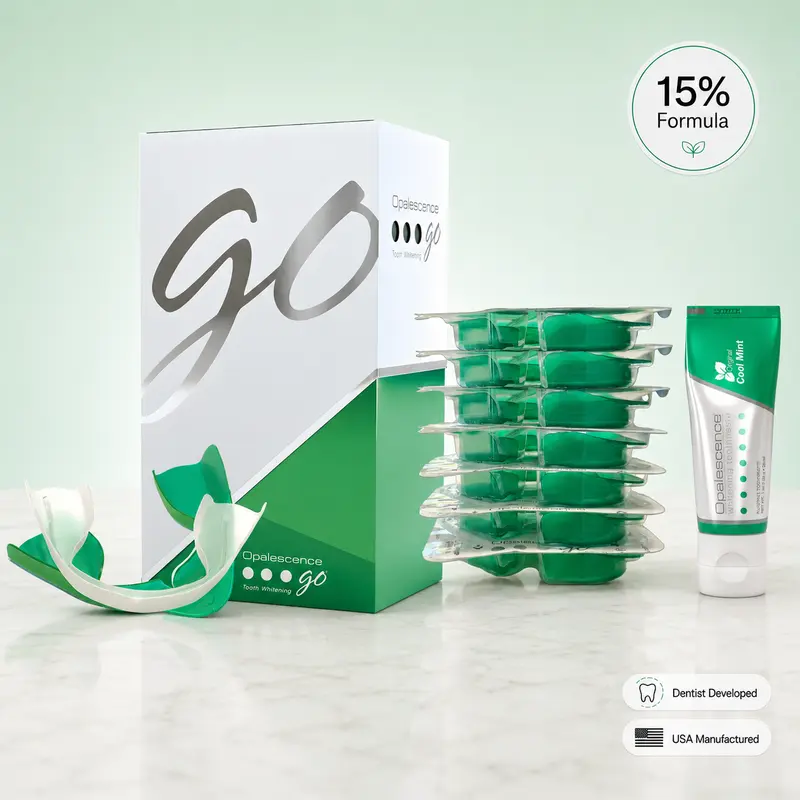 Opalescence Go 15% Hydrogen Peroxide Teeth Whitening Bundle - (7 Treatments) Prefilled Whitening Trays & Travel Original Whitening Toothpaste 1 Oz - Mint