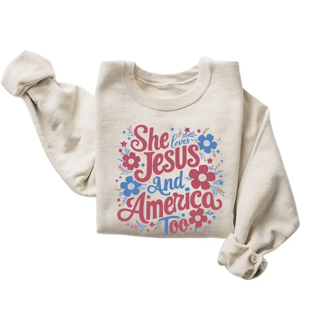 Women's Unisex 4th of July Hoodie - Christian Cotton-Polyester Casual Sweatshirt, She Loves Jesus and America Too, God Bless America Menswear Top