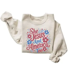 Women's Unisex 4th of July Hoodie - Christian Cotton-Polyester Casual Sweatshirt, She Loves Jesus and America Too, God Bless America Menswear Top