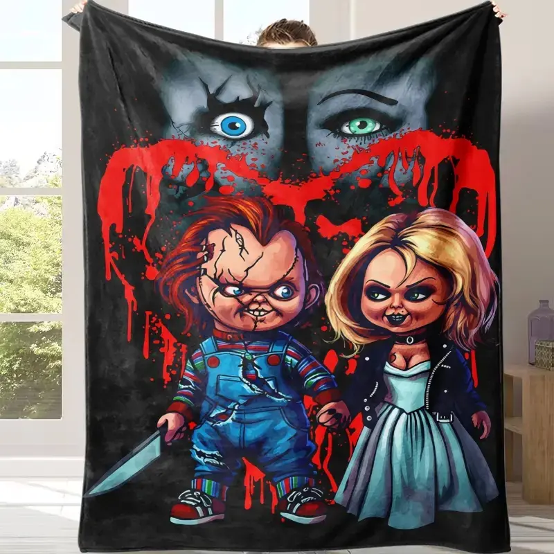 Chucky & Tiffany Blood Heart Horror Fleece Throw Blanket - Bloody Creepy Doll Art Design, Warm Indoor Home Decor for Sofa Bed, Gift for Horror Movie Fans Teen Men Women