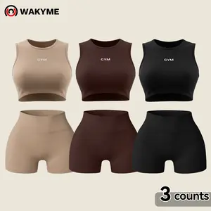 Women's Crew Neck Letter Printed Sleeveless Seamless Top & Shorts Set, Womenswear Casual Sporty Style Clothes, Nylon & Spandex Fabric