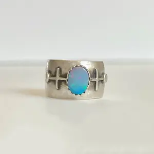 geometric opal domed silver ring - size 6.75