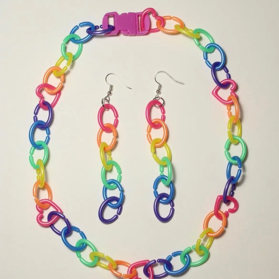 Rainbow Plastic Chain Necklace and Earrings Set