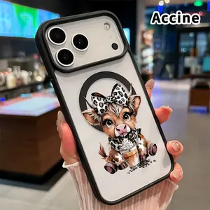 Magnetic Phone Case for iPhone 17 Pro Max 16 Plus 15 14 13 12 11 Air E Cow Coffee Cutie Pattern Acrylic Back TPU Edges Shockproof Ultra Thin Mobile Phone Cover Gift