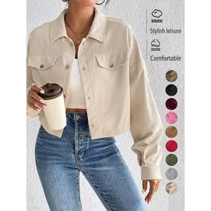 Women'sPlainButtonFrontDropShoulderJacket,CasualPocketDesignLongSleeveCorduroyJacketforFall&Winter