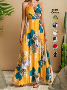 Elegant Women's Tropical Print Fitted Maxi Dress, V Neck Tie Design, Hollow Back, Breathable Side Slit Polyester for Spring & Summer