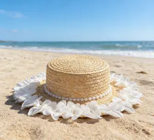 Hand-woven straw hat, chiffon lace-trimmed flat-top fairy hat, eco-friendly bamboo sun hat, elegant and sophisticated beach vacation style, includes a neck strap to prevent it from being blown off.