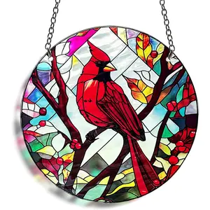 Red Bird Memorial Suncatcher, Memorial Panel Glass Stained Glass Indoor Window Art Wall Decor for Bird Lover.