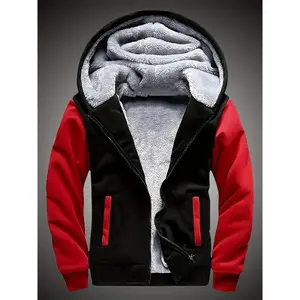 mens Thick Fleece Lining Jacket, Warm Zip Up Hooded Coat, Casual Color Clash Zipper Hoodie, Boy'S Clothes Winter Fall Outdoor