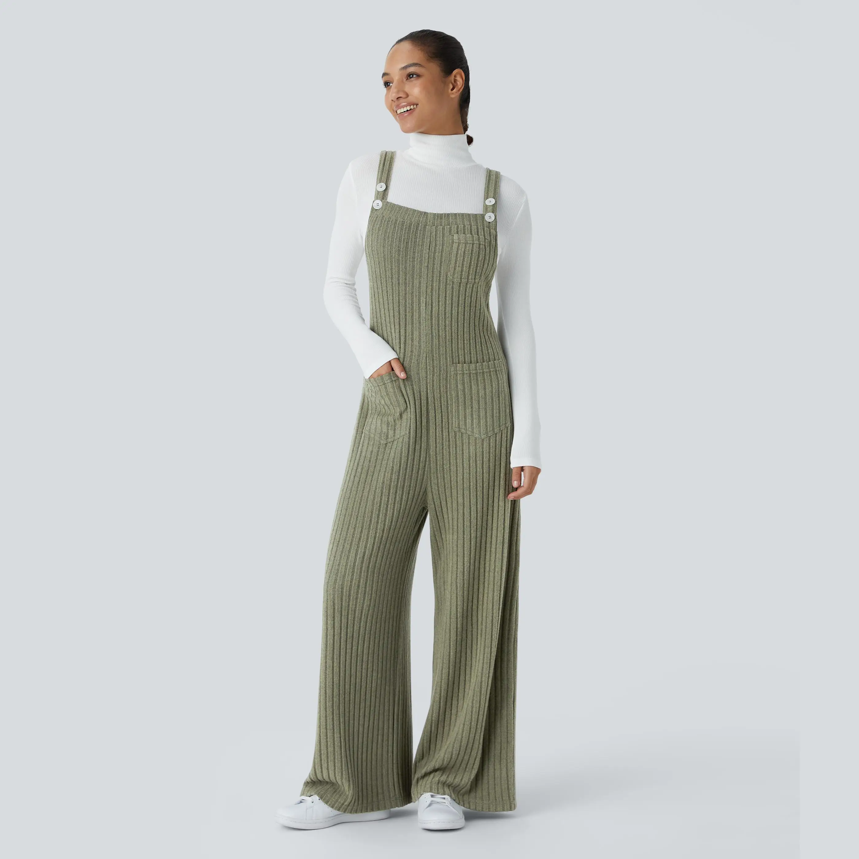 Halara Ribbed Knit Adjustable Strap Button Multiple Pockets Casual Overalls#TikTokShopBacktoSchool