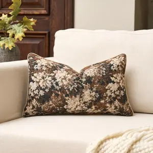Neutral Floral Pillow Cover 12 x 20 Inches,  Chenille Rectangle Throw Pillow Cover Soft Decorative Farmhouse Accent Couch Pillow Cover for Living Room Bedroom, Coffee Brown