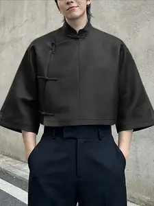 INCERUN Men Shirt Solid Color Stand Collar 3/4 Sleeve Male Tops Streetwear Vintage Loose Chinese Style Casual Men Clothing