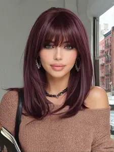 14-Inch Wine Synthetic Smooth Wig with Bangs, Elegant -Enhancing Style, Heat-Resistant Rose Net Cap, Perfect for Dates and Festivals