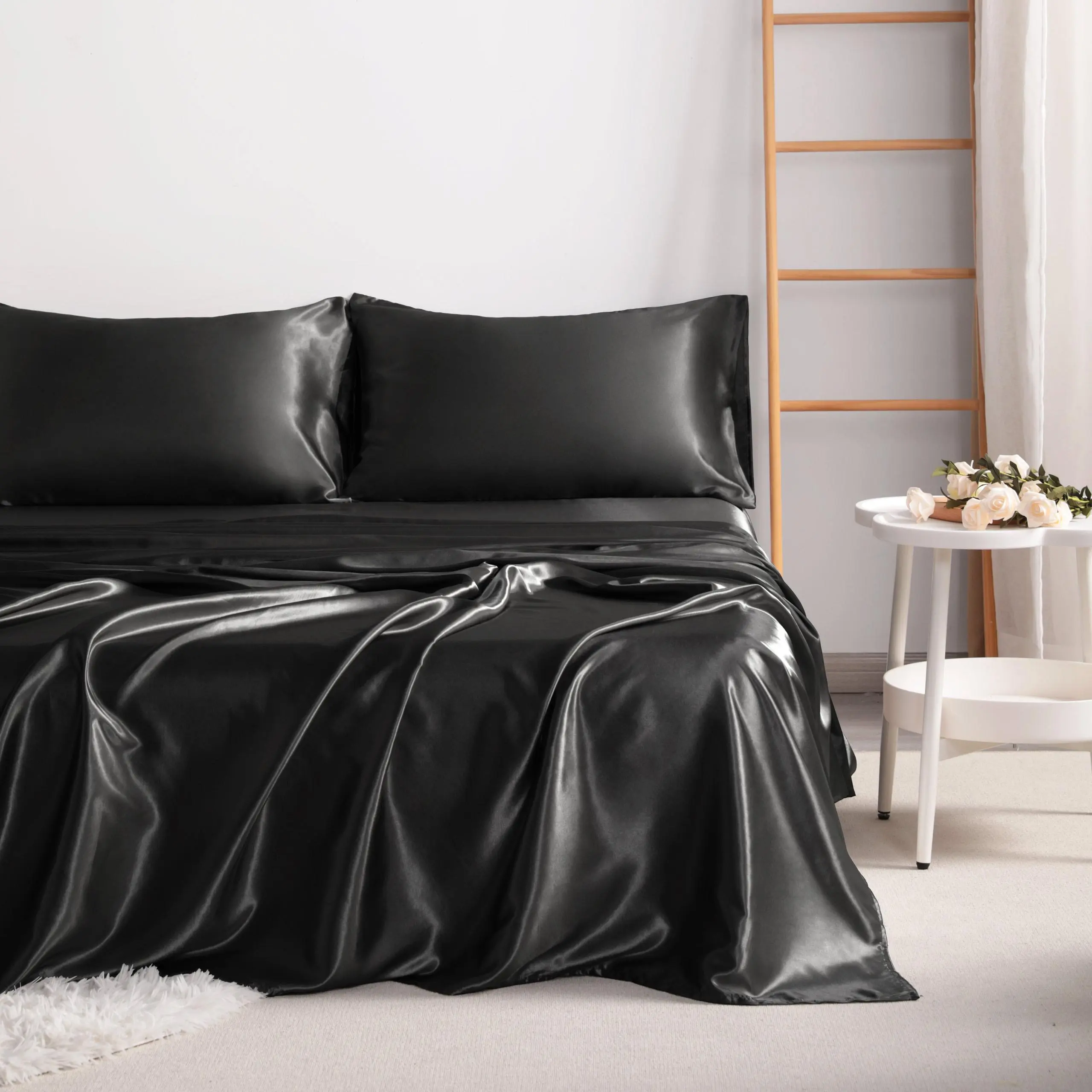 HTA 4-Piece Eco-Friendly Silky Satin Bed Set - Cooling Bed Sheets, Natural Sheen, Breathable, Soft, Skin-Friendly, Frictionless, Hair Protection, Wrinkle Resistant, All-Season Luxury Bedding