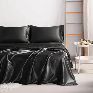 HTA  4-Piece Silky Satin Bedding Set with Natural Sheen, Breathable Soft & Skin-Friendly, Frictionless & Ultra Cool for a Luxurious Silky Experience