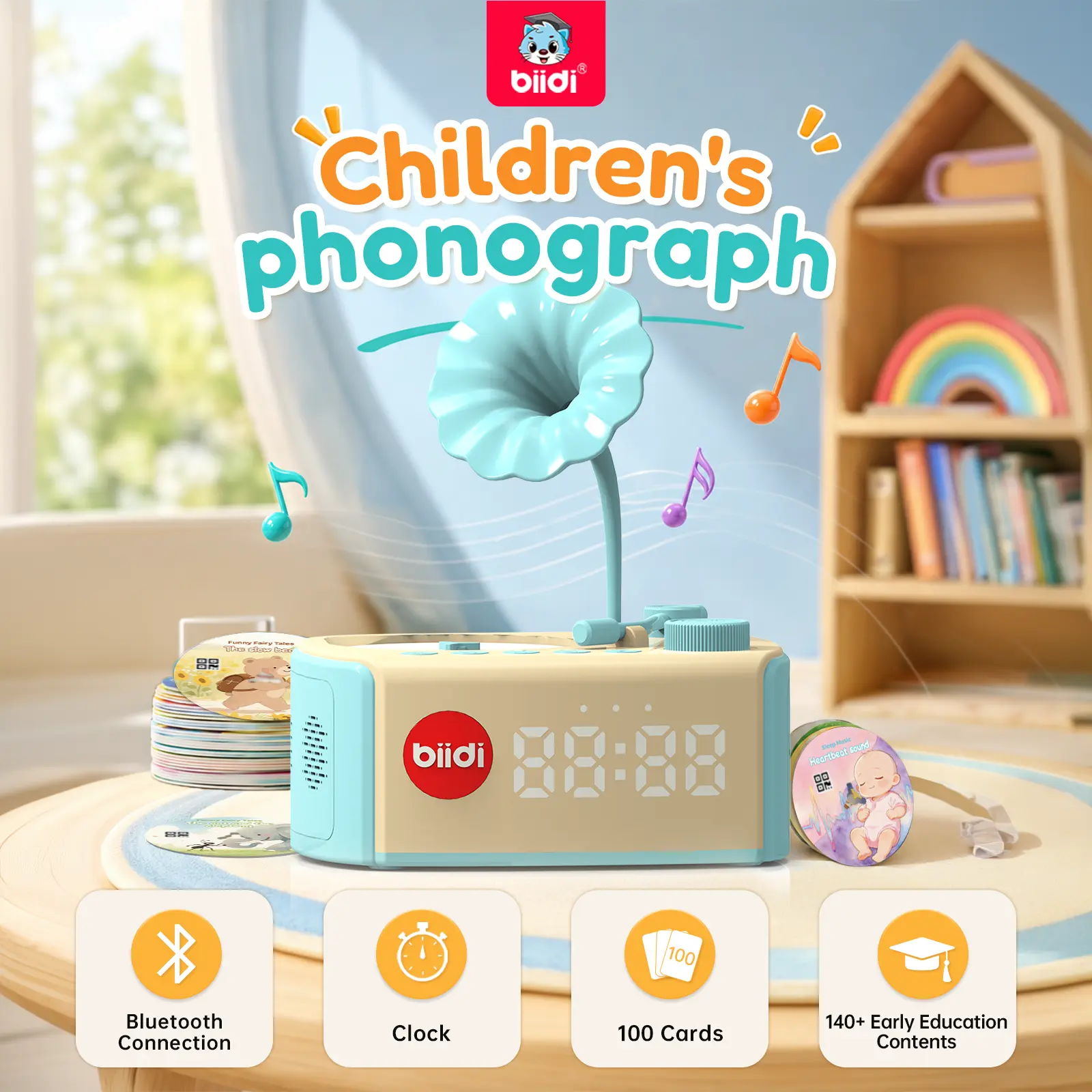 Children's Phonograph for Toddlers | 100 Educational Cards, Bluetooth Speaker, Alarm Clock & DIY Voice Recorder