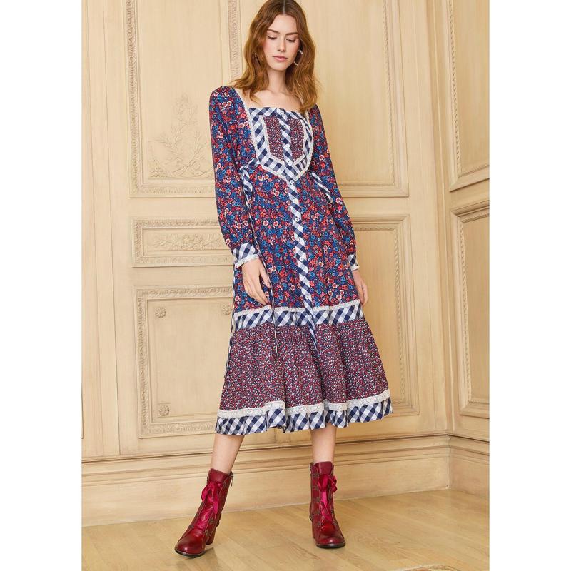 GUNNE SAX for ModCloth Veronica Midi Dress 100% Cotton Floral Print Long Sleeve Button Front (XS-4X)