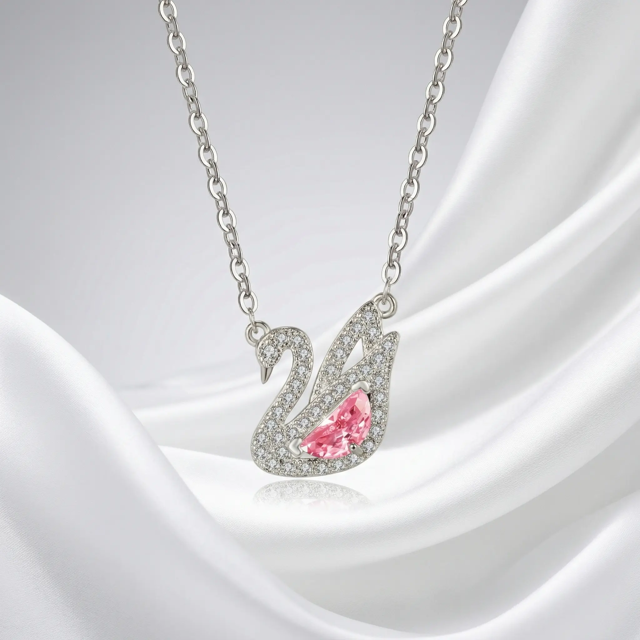 Elegant Swan Jewelry Set - Pink Crystal Teardrop Necklace & Bracelet