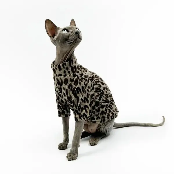 Multi-Size 1-Piece Grey Leopard Print Turtleneck Cat Sweater - Polyester-Spandex Soft Fabric, Warmth Boost Daily Clothes for Sphynx Devon Rex Hairless Cats, One-Piece