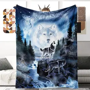 Wolf Pattern Flannel Blanket, Soft Throw Blanket, Air-Conditioned Room Blanket, Warm Nap Blanket For Home & Office & Travel