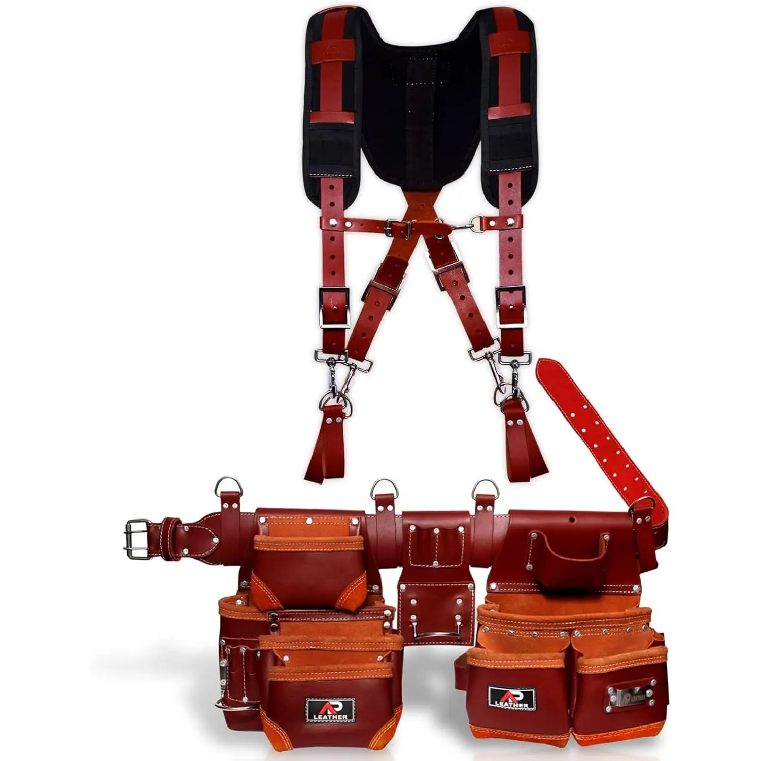 Real cowhide oil tanned Leather Tool Belt/pouch/framer Set with Suspender for Men/women Carpenters, Framers, Electricians, & Construction Work.