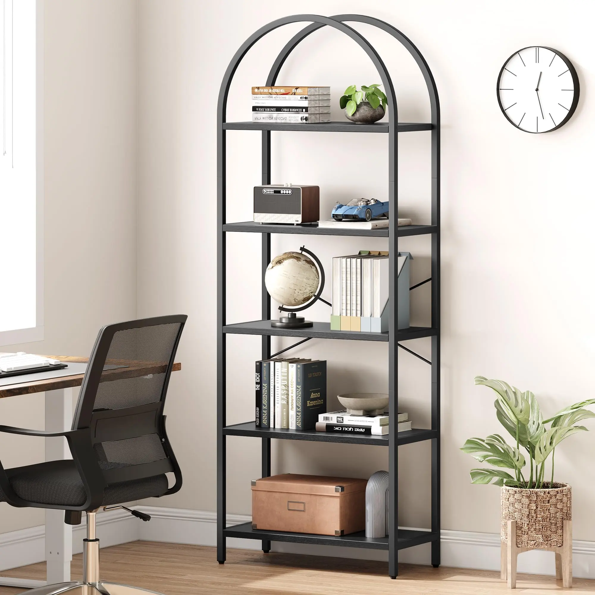 【GARVEE】Arched 5-Tier Height Shelf, Modern Standing Shelf, Metal Storage Rack, Wooden Shelf for Bedroom, Living Room, Home Office