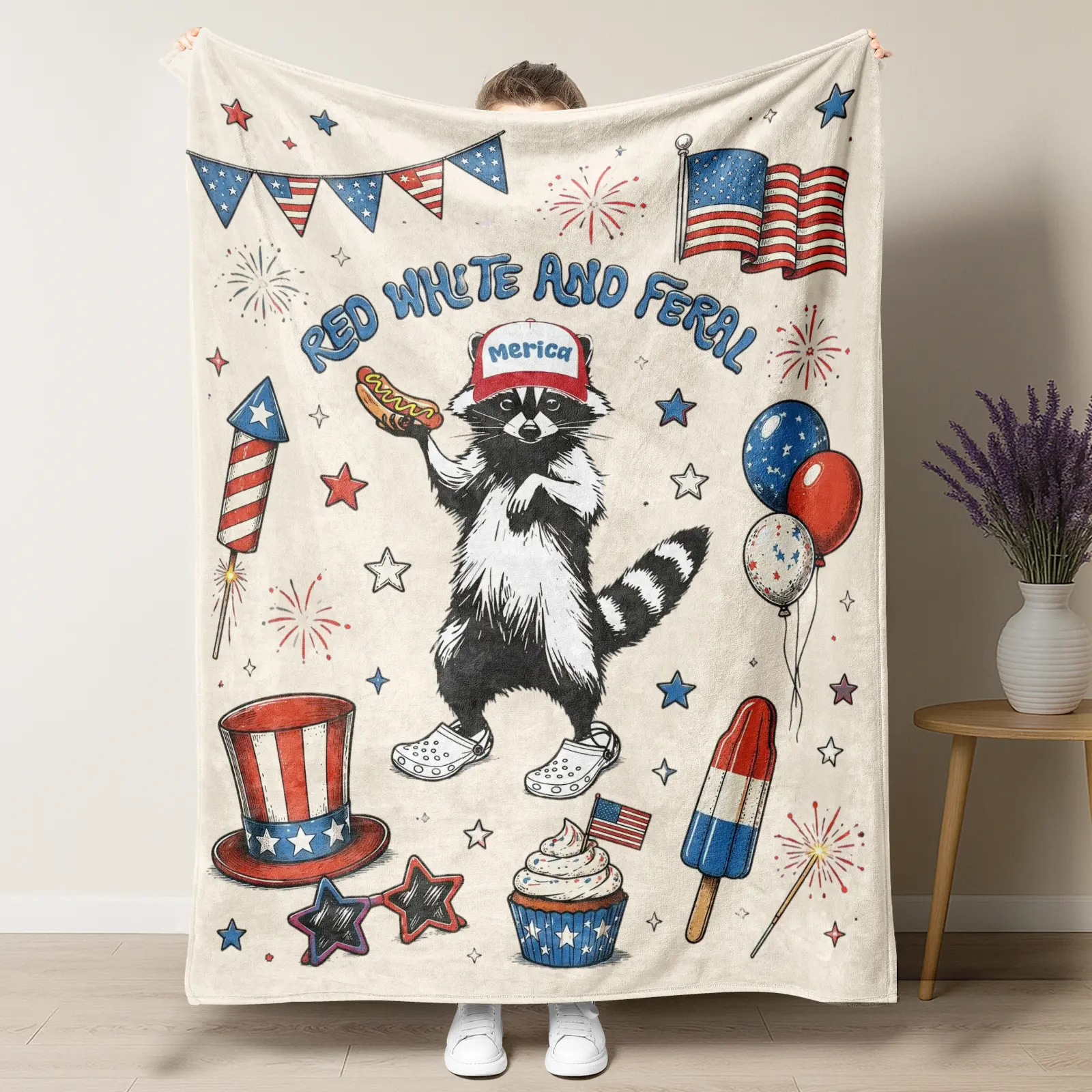 Cute Patriotic Raccoon 'Red White And Feral' Lightweight Blanket,4th of July Doodle Throw Retro Independence Day Flannel Blanket,Thin Plush Throw For BBQ Parties