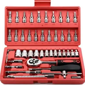 46-Piece Tool Ratchet Wrench Set - 1/4-Inch Drive Socket-Ratchet Wrenches for Bicycle & Car Repairs Slim Socket Ratchet Wrench Set Toolbox