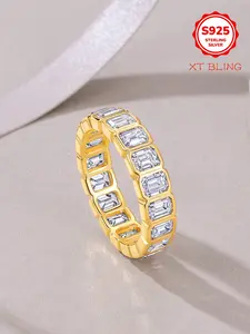 💎5.4CTW D Color Emerald Cut Moissanite Eternity Band | S925 Sterling Silver 18K Gold Plated | Non-Tarnish Luxury Stackable Ring for Wedding Anniversary Birthday Prom