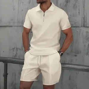 2026 Men's Summer Waffle Solid Color Zipper Short Sleeve Shirt & Shorts Two-Piece Set for Casual Wear