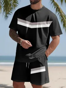 Men's Casual Print Set, Short Sleeve T-Shirt & Shorts, Summer Fashion, Comfortable Street Style, Knee Length, Fitted, Printed Pattern