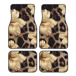 Set of 4 Premium Car Floor Mats Featuring a Leopard Pattern And Hibiscus Flowers, Suitable for Both Front And Rear Seats. Available in Beige, Brown, Black, And White, These Heavy-Duty Liners Provide Robust Protection for Your Vehicle'S Interior