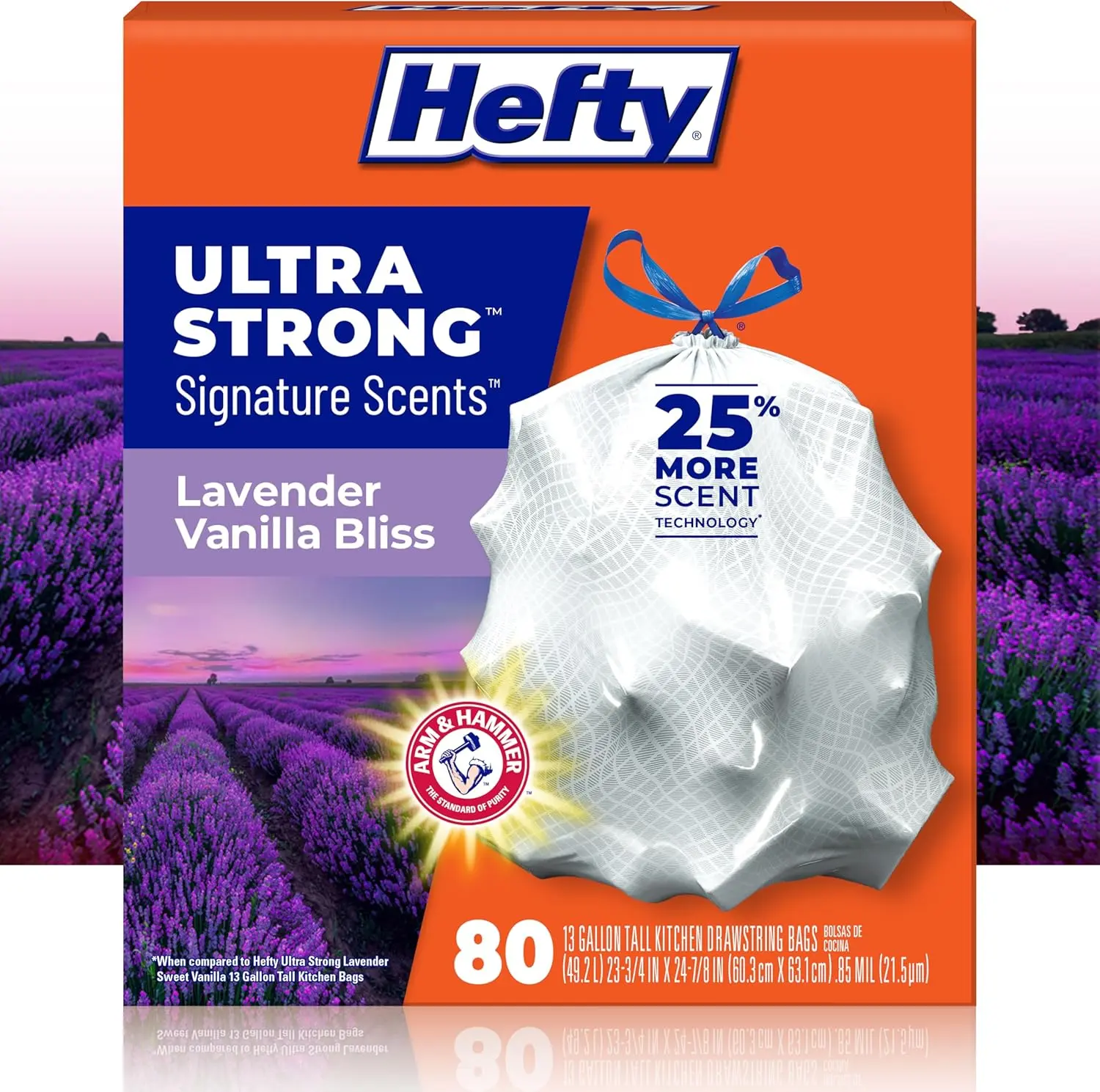 Hefty Signature Scents Trash Bags, 13 Gallon White Kitchen Bags, Lavender Vanilla, 80 Count