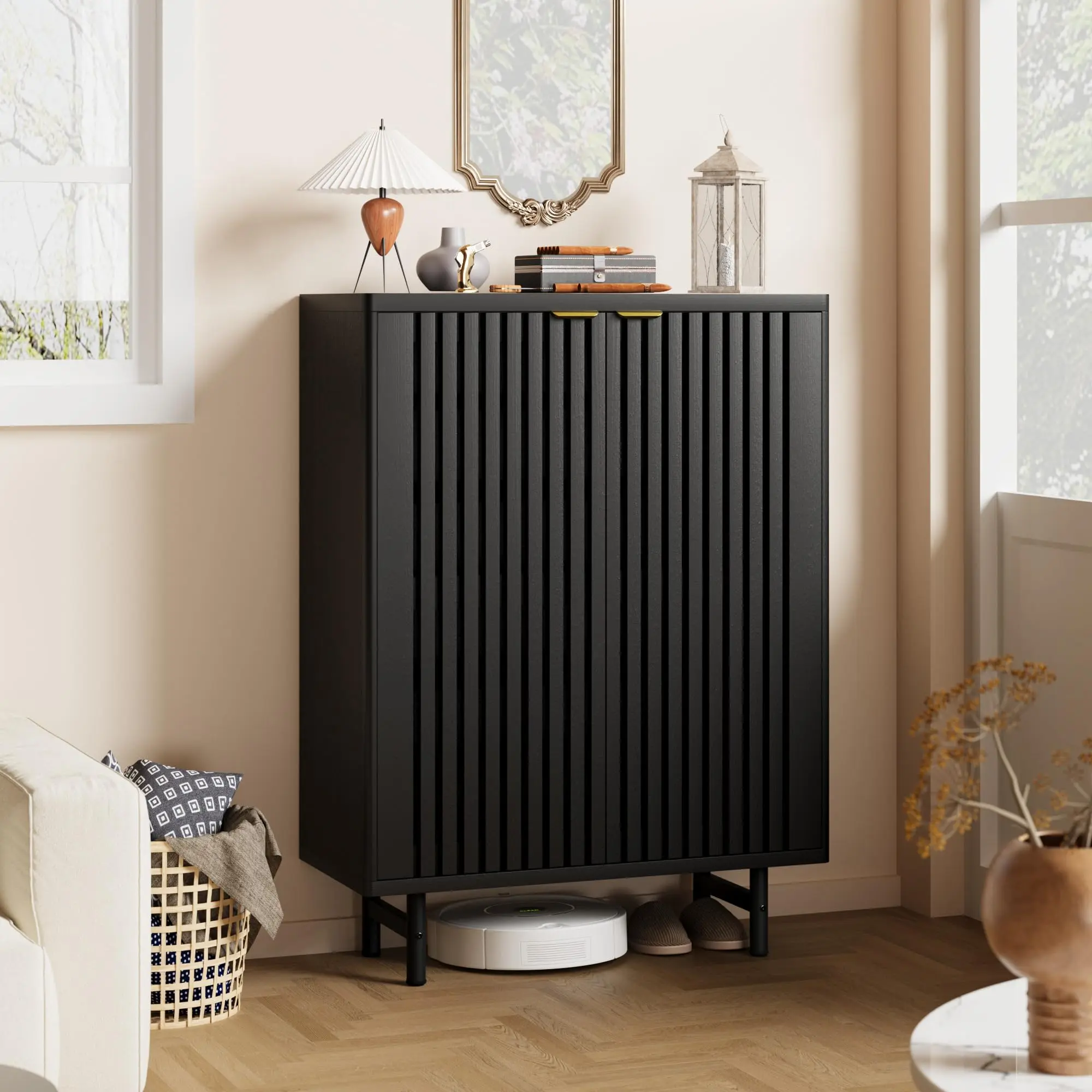 Garvee 6-Tier Wooden Shoe Cabinet with Doors, Modern Black Organizer for 24 Pairs, Ideal for Entryway, Hallway, and Hidden Storage
