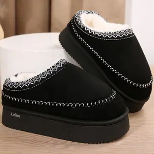 Platform Winter Slippers for Women Suede Fuzzy Lined Clogs with Non-Slip Sole, Stylish Embroidered Trim Indoor Outdoor Shoes