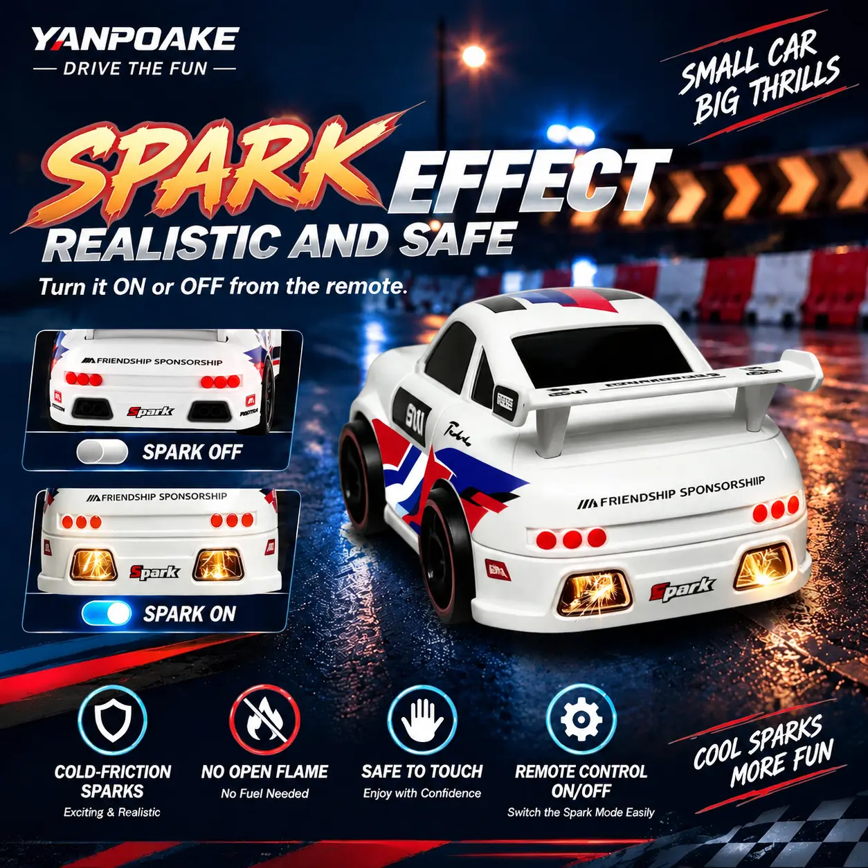 USZEOKA RC Drift Car with Spark Effect, 1:24 360° Stunt Car with DIY Stickers, LED Lights & Engine Sound, Rechargeable