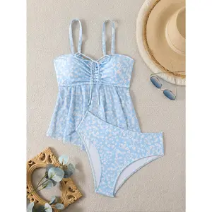 Daisy Chain Dreams Sky Blue Tankini Set with Built-In Soft Cups Summer Vacation Tummy Control Swimwear Bathing Suits 2 piece sets women summer 2 piece set Tankini suit