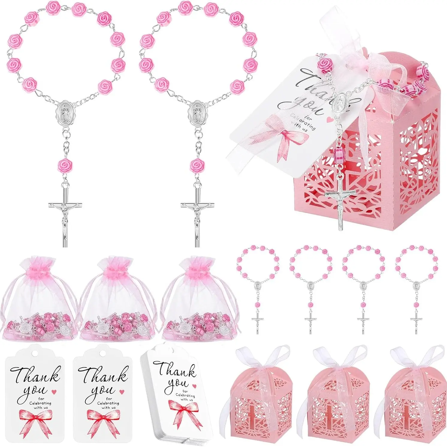 12set Baptism Favors Mini Rosary Cross, First Communion Christening Gifts, Baby Shower Easter Party Supplies, with Packaging, Christian Gift