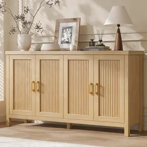 Buffet Sideboard Cabinet with Storage, 55" Fluted Cabinet with Sliding Door & Adjustable Shelf, Modern Accent Coffee Bar Console Table for Kitchen, Entryway, Walnut