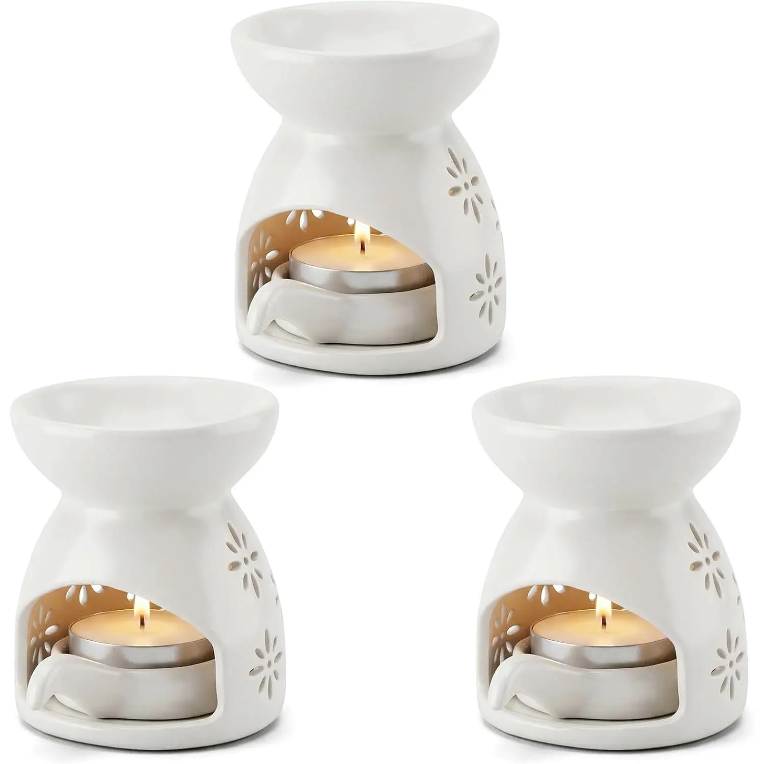 3 Pack Ceramic Tealight Candle Holder, Small Essential Oil Burner Wax Melt Warmer with Spoons, Aromatherapy Aroma Diffuser for Home Bedroom Decor, White