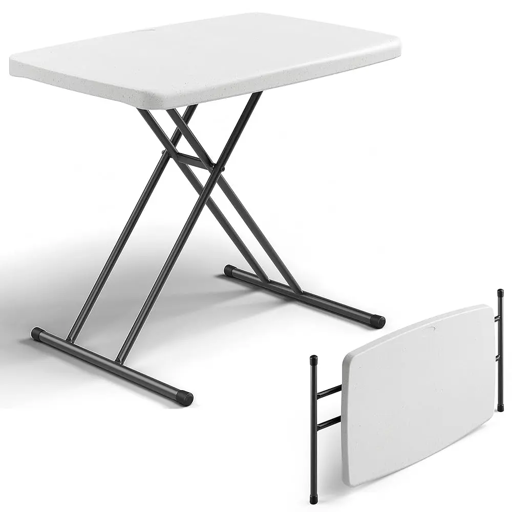 Folding Table 30 Inch - Small Desk Adjustable Height TV Tray for Laptop, Couch, Camping - Heavy Duty Utility Foldable Table for Small Spaces, No Assembly Required, White Granite